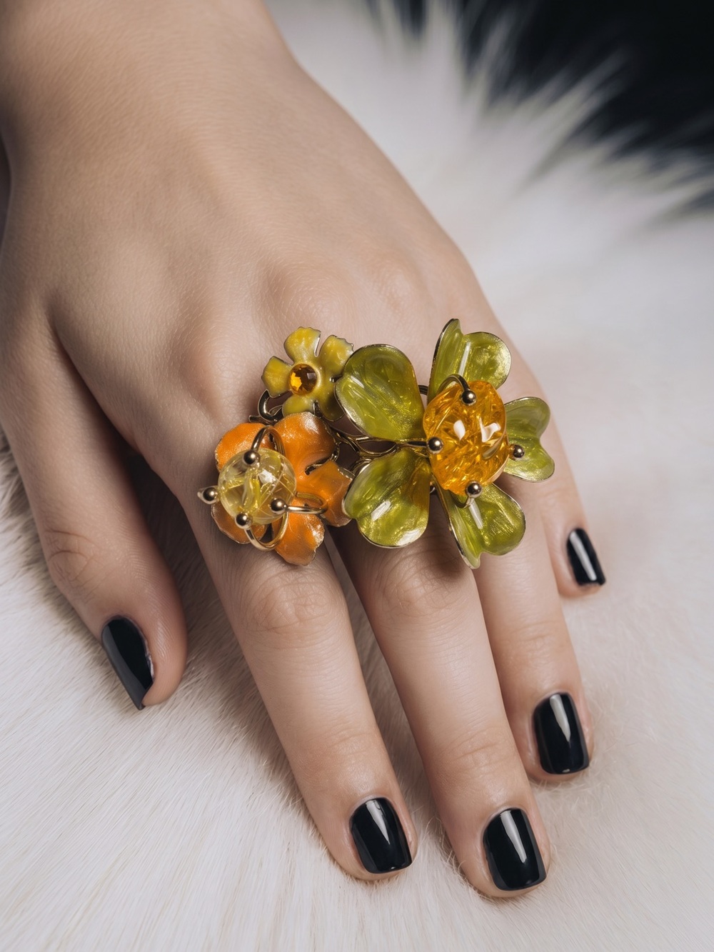 Floral Cluster Cocktail Ring in Green and Orange